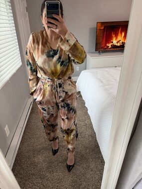 ZARA Satin 2-Piece Set Abstract Watercolor Tie Dye Crop Top & Pleated Pants S